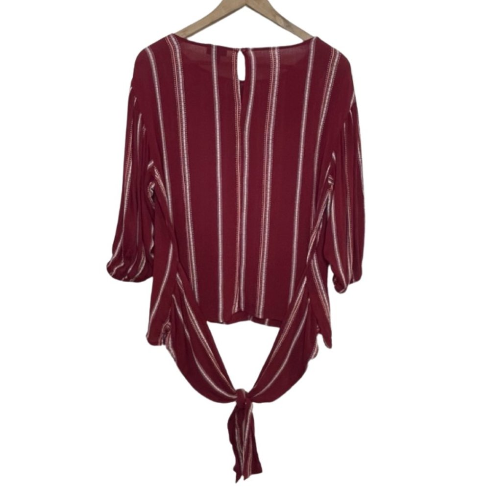 ANA | Red Striped 3/4 Elastic Sleeve Blouse with Waist Tie | Size M - Picture 5 of 10